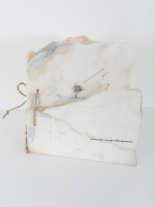 Marie Orensanz, Arbre, 2015. 3 pages of white statuary marble with pencil drawings, 23 x 23 x 3 cm, unique. Courtesy of Roman Road and the artist. © Ollie Hammick