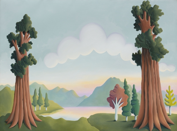Daisy Dodd-Noble, Sequoias and pines at waters edge, 2022. Oil on linen, 90.5 x 120.2 x 4 cm / 95 x 125 cm, with frame, unique. Courtesy of the Roman Road and the artist. © Ollie Hammick